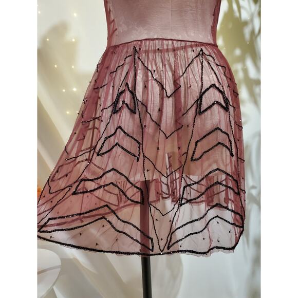 Free People Sheer Mesh Beaded Mini Embellished Slip Dress In Plum Size S Flapper - Picture 9 of 15